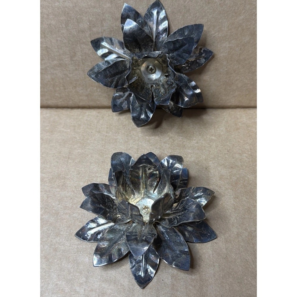 Vintage Candle Stick Holders Silver Plated Flower Set Beautiful Patina - Picture 1 of 2